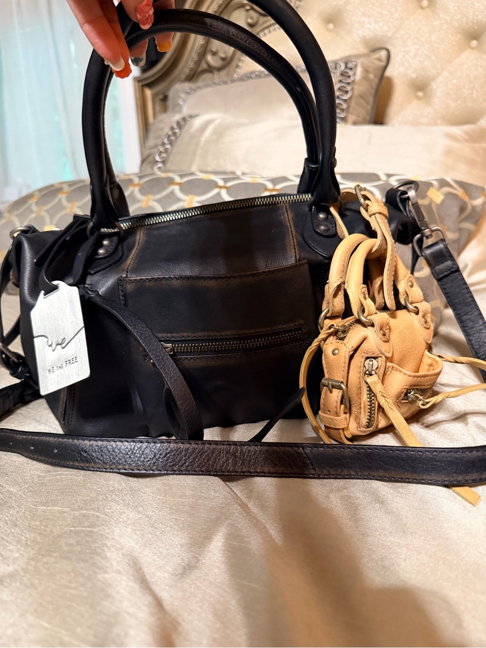 We The Free Black Leather Shoulder Bag with Tan Accent Charm Miniature Purse - Picture 2 of 10